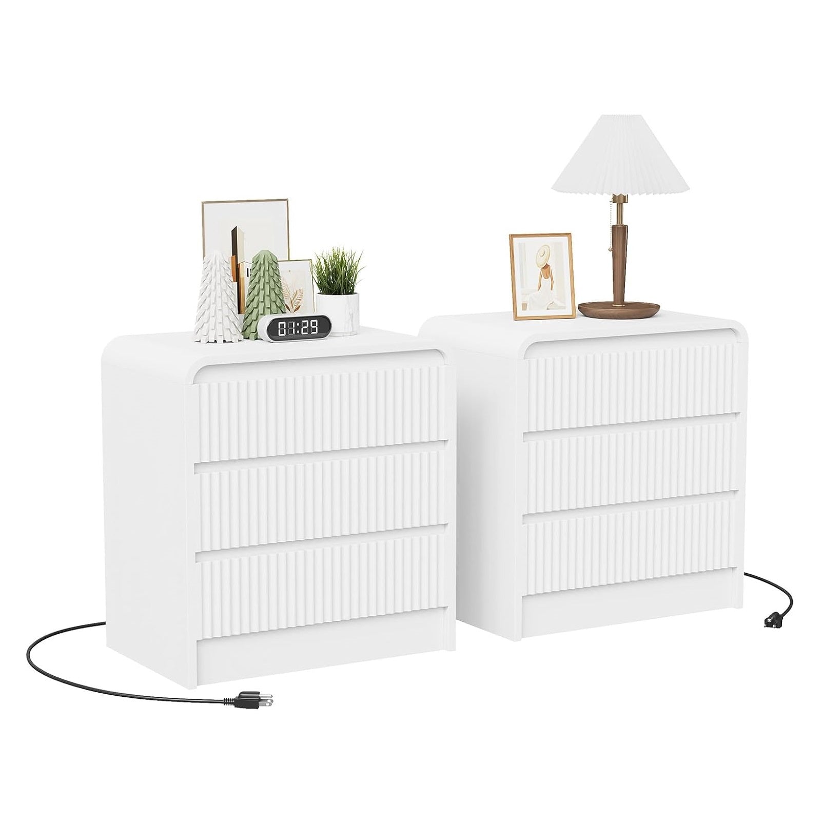 Garvee Fluted Nightstand Set of 2 with Charging Station, 3 Drawers, White