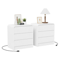 Garvee Fluted Nightstand Set of 2 with Charging Station, 3 Drawers, White