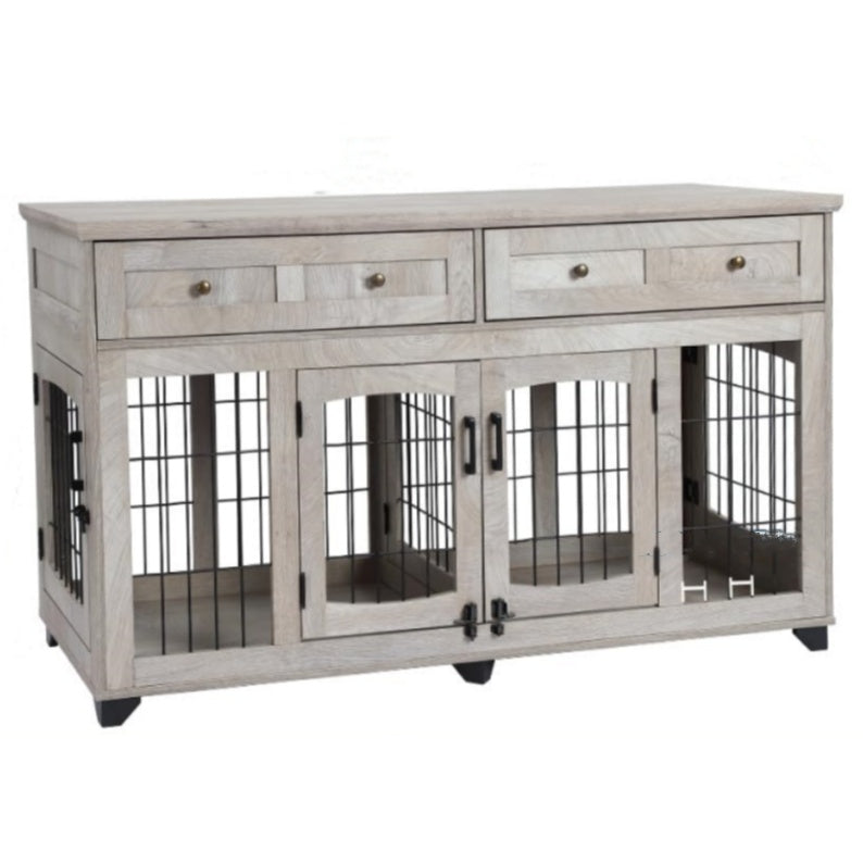 58 Inch 2 Rooms Dog Crate Furniture with Openable Partition,Wooden Dog Crate Table with 2 Drawers,5-Doors Dog Furniture,Indoor Dog Kennel,Dog House,Dog Cage,TV Stand Grey