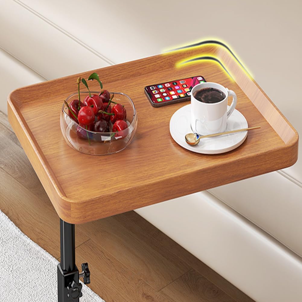 Garvee Modern C Shaped Tables Adjustable Height, 360° Swivel Lift Top Bed End Tables with Wheels, Small Side Table for Couch Living Room, Bedroom(Wood Color)