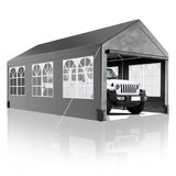 Garvee 12'x20' Heavy Duty Carport - PE Waterproof Canopy, Reinforced Steel Frame, Roll-Up Mesh Window & 4 Load-Bearing Sandbags, Grey - Grey