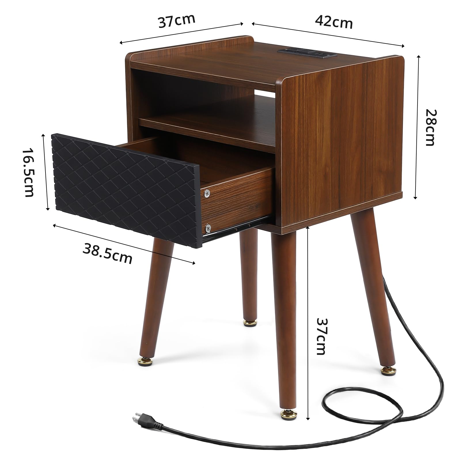 Modern Nightstand with Charging Station, Drawer - Walnut