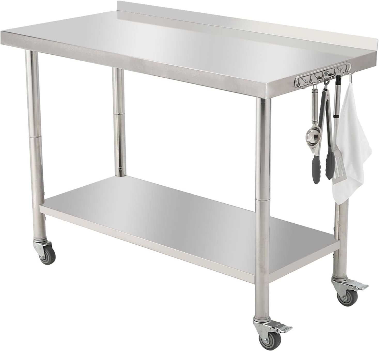 Garvee 48"L x 24"W x 35"H Stainless Steel Work Table Heavy Duty Prep Table with Undershelf, High Load Bearing Metal Table, Commercial Worktable with Backsplash, 4 Wheels, Hooks for Kitchen