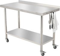 Garvee 48"L x 24"W x 35"H Stainless Steel Work Table Heavy Duty Prep Table with Undershelf, High Load Bearing Metal Table, Commercial Worktable with Backsplash, 4 Wheels, Hooks for Kitchen