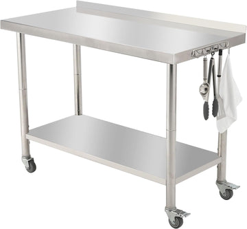 Garvee 48"L x 24"W x 35"H Stainless Steel Work Table Heavy Duty Prep Table with Undershelf, High Load Bearing Metal Table, Commercial Worktable with Backsplash, 4 Wheels, Hooks for Kitchen
