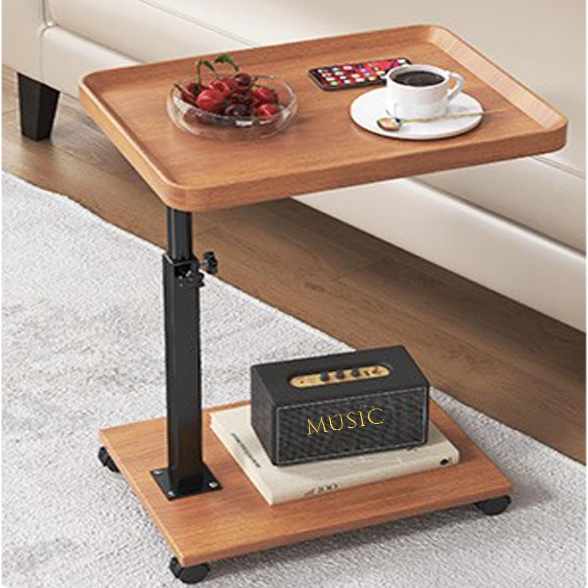 Garvee Modern C Shaped Tables Adjustable Height, 360° Swivel Lift Top Bed End Tables with Wheels, Small Side Table for Couch Living Room, Bedroom(Wood Color)