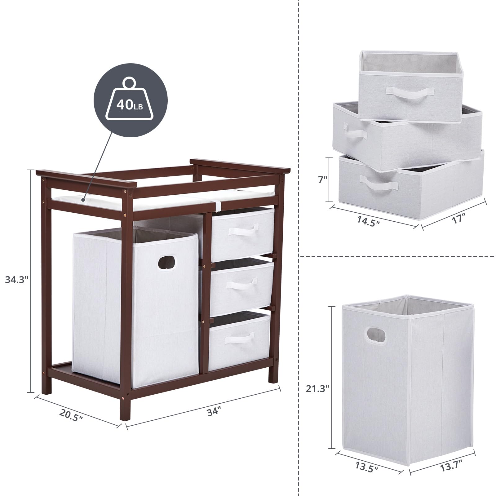 KORIMEFA Baby Changing Table With 6 Drawers - Grey Changing Station With Safety Rail & Pad