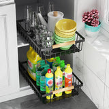 Garvee 2Pcs Pull Out Cabinet Organizer Multifunctional Sliding Mesh Basket No Drill Adhesive Kitchen Pantry Bathroom Black Standard