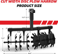 Disc Plow Harrow 32 Inch with Universal 2 Inch Receiver Mount for ATV/UTV, Adjust Height Heavy Duty Width Cut Disc Plow Durable Steel Round Plow Harrow