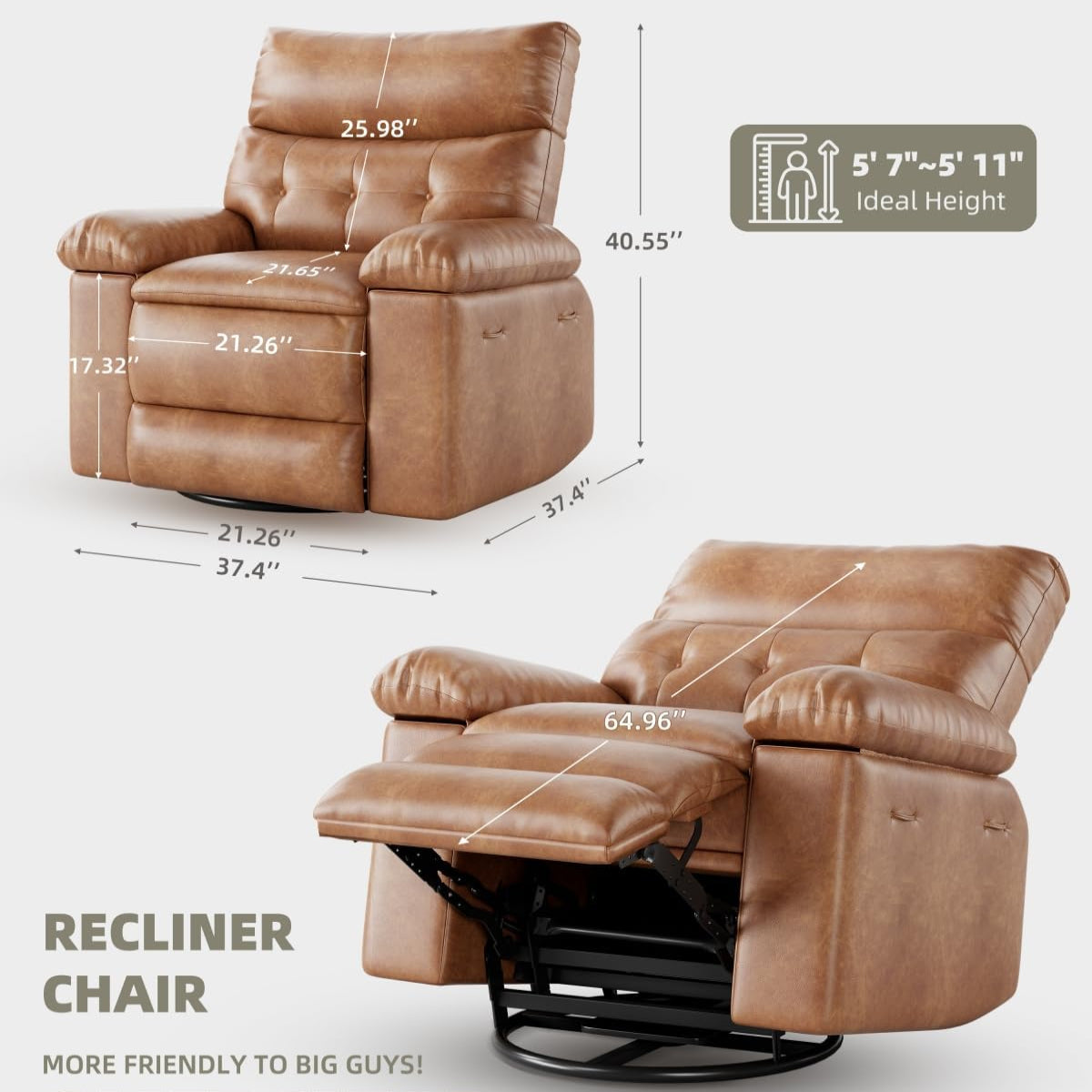 Garvee 22" Widen Recliner Chairs with Heat and Massage - 360° Swivel Lazy Boy Recliner Chair for Adults- Manual Rocking Chair with Cup Holder for Living Rooms, Bedrooms, and Nurseries - Brown