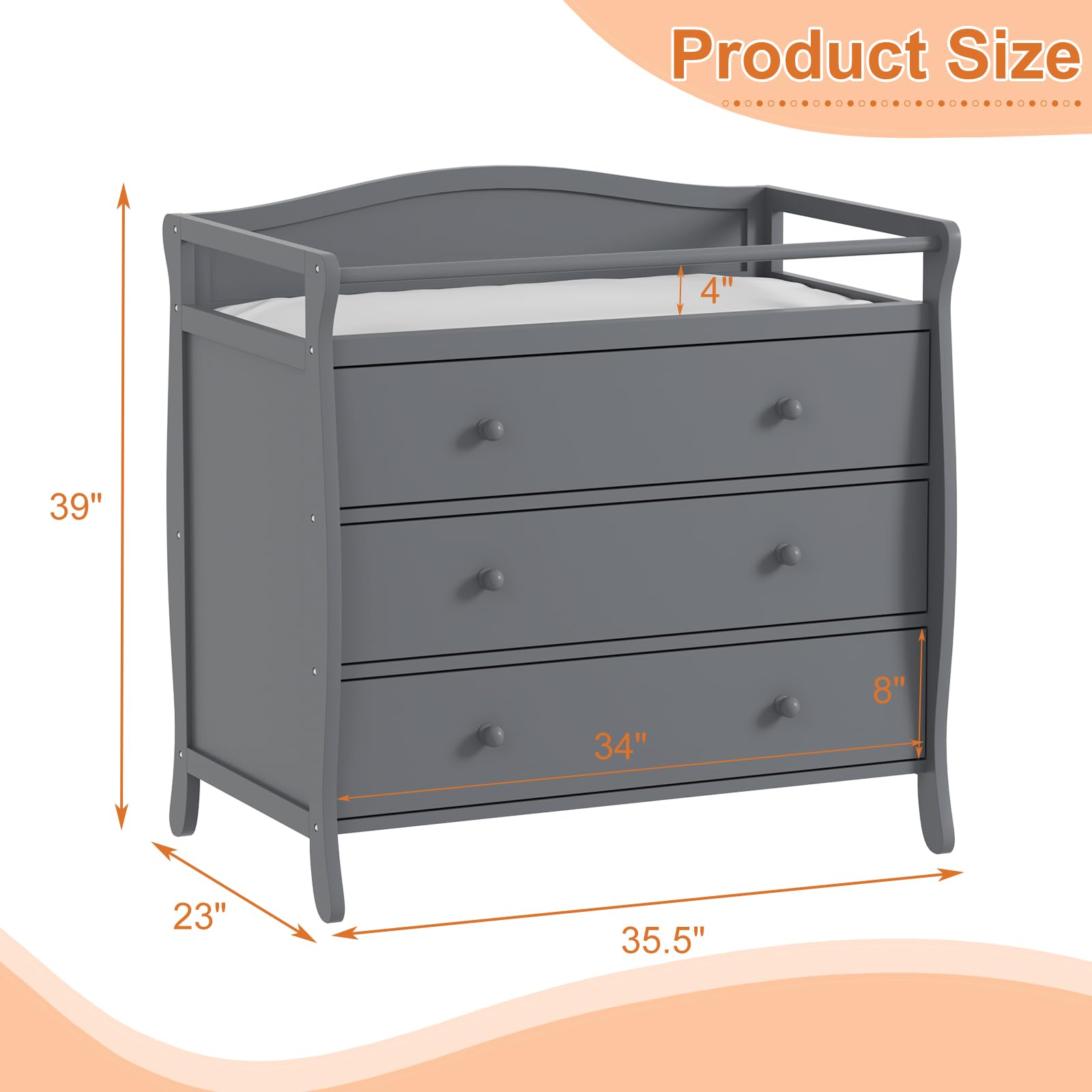 Garvee 3-Drawer Changing Table, Infant Diaper Changing Station with Drawers, Safety Rails & Strap,Nursery Dresser Chest with Changing Table Top,Baby