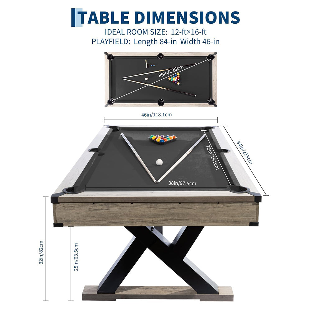 Garvee 7.4 ft Pool Table Heavy Duty 84" Billiard Tables with X-Shape Metal Legs Complete Set for Home Family Game Room Black Cloth