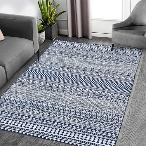 Boho Machine Washable Area Rug Blue Small Rug Geometric Farmhouse Rug Mat Stain Resistant Non-Slip Area Rug Mat for Living Room Bedroom, 3' x 5'