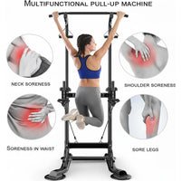 Garvee Freestanding Power Tower with Backrest & Resistance Bands for Home Gym, Adjustable Height 39-90", Black, 450 LBS Capacity