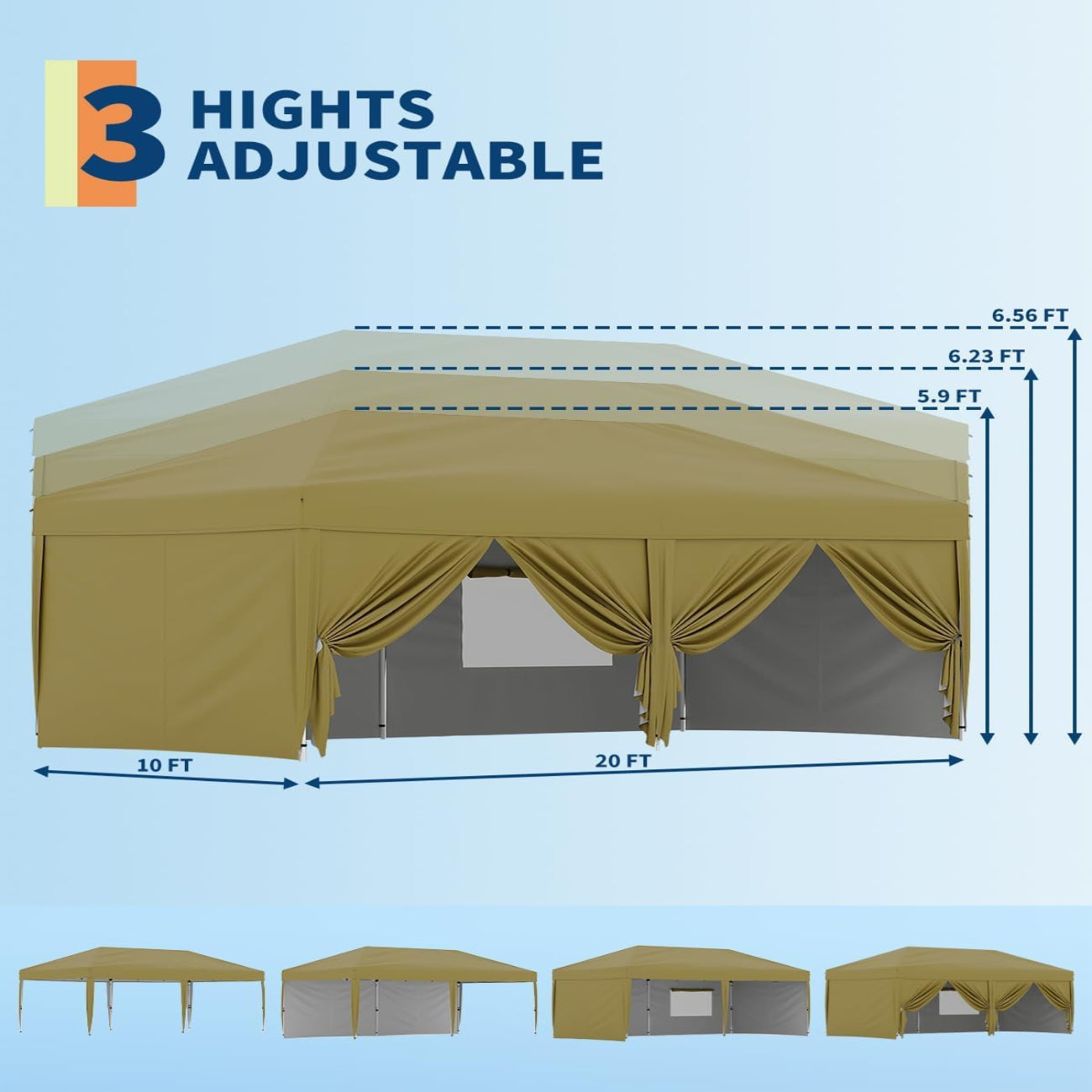 Garvee 10x20 Pop-Up Canopy Tent, 200 Sq Ft Shade, One-Push Setup, 210D Oxford Fabric, 6 Sidewalls, Steel Frame, Portable Roller Bag, Outdoor Events & Camping