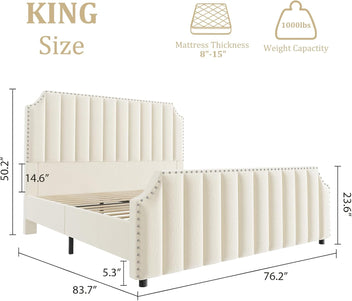 Garvee King Size Platform Bed Frame with 50.2" Headboard, Velvet Upholstered Bed Frame King with Vertical Channel Tufted Headboard & Footboard, Nailhead Trim, No Box Spring Needed, Cream