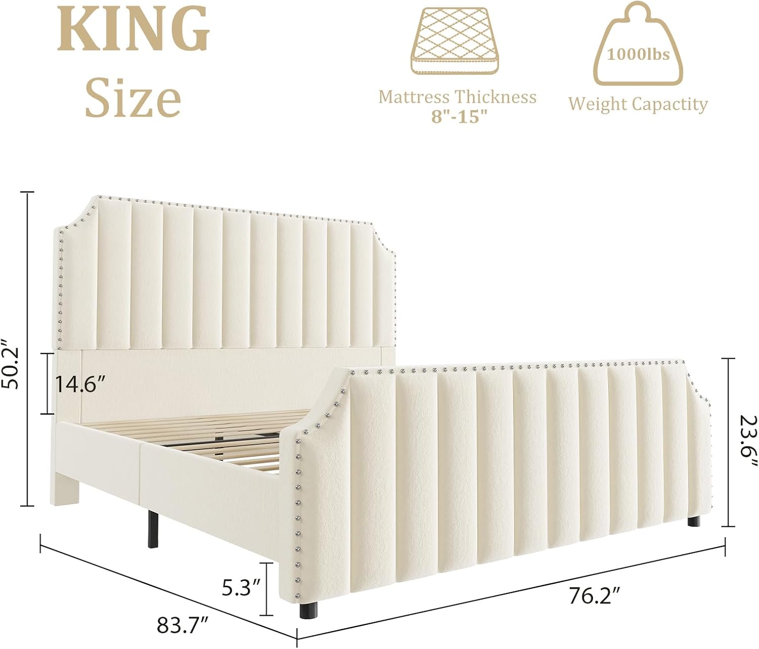 Garvee King Size Platform Bed Frame with 50.2" Headboard, Velvet Upholstered Bed Frame King with Vertical Channel Tufted Headboard & Footboard, Nailhead Trim, No Box Spring Needed, Cream