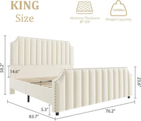Garvee King Size Platform Bed Frame with 50.2" Headboard, Velvet Upholstered Bed Frame King with Vertical Channel Tufted Headboard & Footboard, Nailhead Trim, No Box Spring Needed, Cream