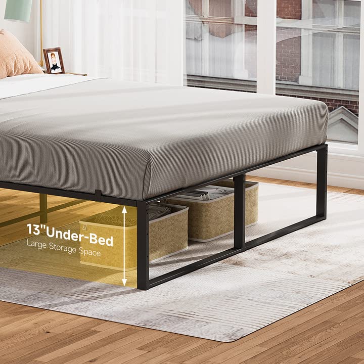 Close-up of the black metal bed frame showing 13 inches of under-bed storage space.