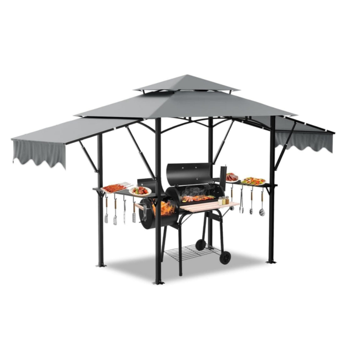 8x5FT Double Tiered Grill Gazebo, Outdoor BBQ Gazebo Shelter with LED Light & Extra Shadow for Barbecue and Picnic, Grey
