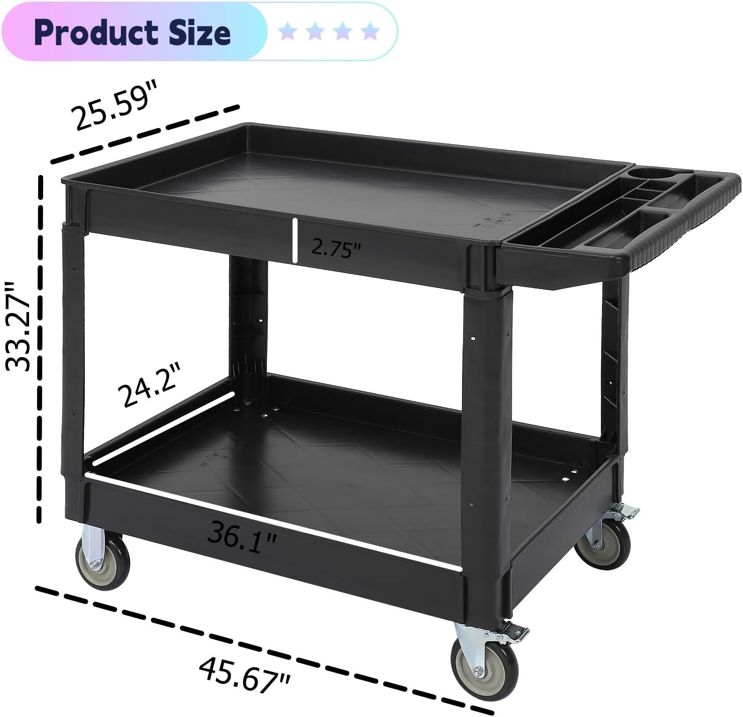 Service Utility Cart 2-Shelf Utility/Service Cart, 500-Pound Capacity, Storage Handle, for Warehouse/Kitchen/Office，45X25 Inch, Black
