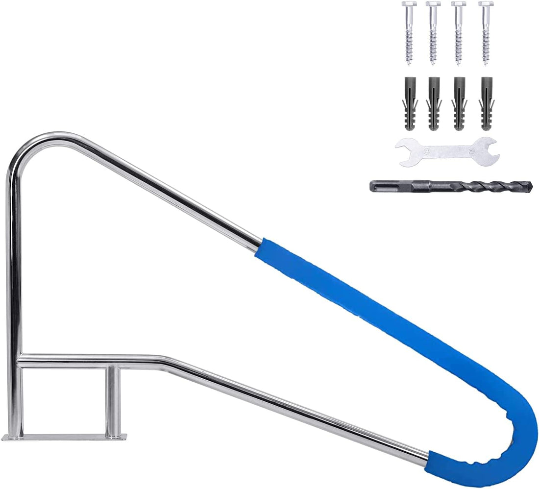 Garvee Pool Rail 55"x 32", 304 Stainless Steel 385LBS Load Capacity Silver Rustproof Pool Handrail for Inground Pool with Blue Grip Cover & Accessories