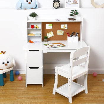 Garvee Kids Wooden Study Desk & Chair Set with Bulletin Board, Cabinets and Bookshelf Suitable for Age 3-10, White