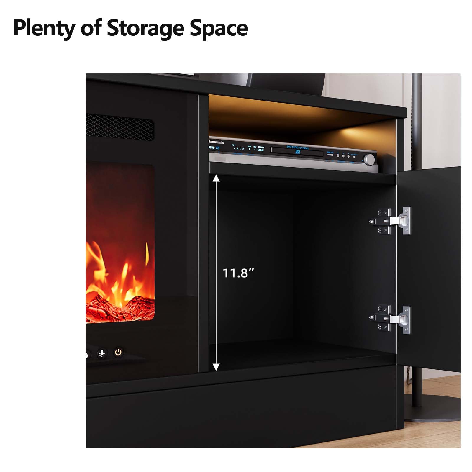 a close-up of the storage space in a black electric fireplace