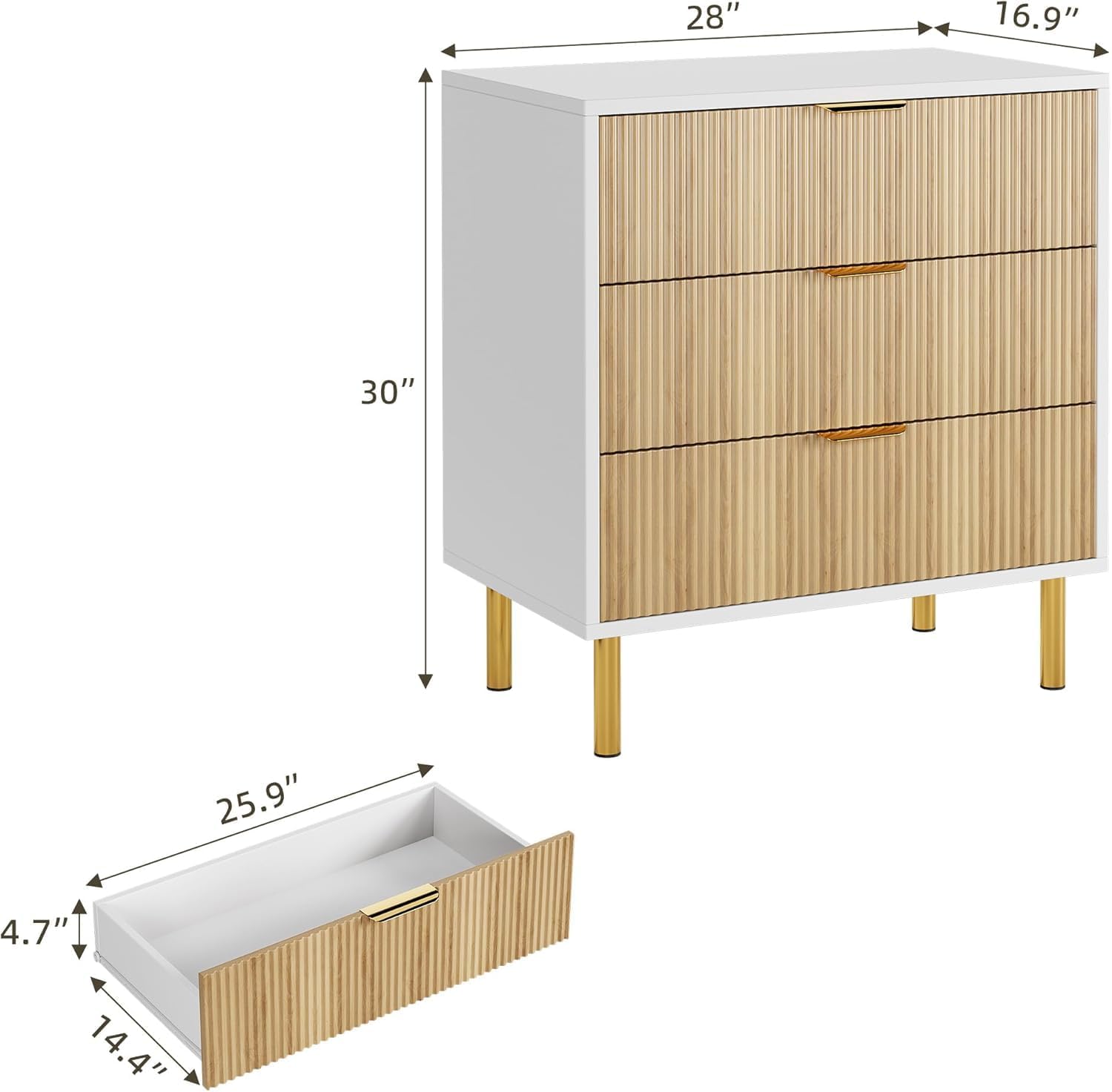 Garvee Modern 3 Drawer Dresser for Bedroom with Gold Handle and Large Drawer, Wood Double Chest of Drawers and Storage Organizer for Living Room, Hallway, Entryway, Natural Oak&White