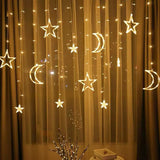 Garvee Led Curtain Lights Fairy String Lights 11Ft 8 Flashing Modes Ip44 Water-Resist Stars Moon Christmas Decorative Lights Curtain Lamp Warm White 110V US Plug