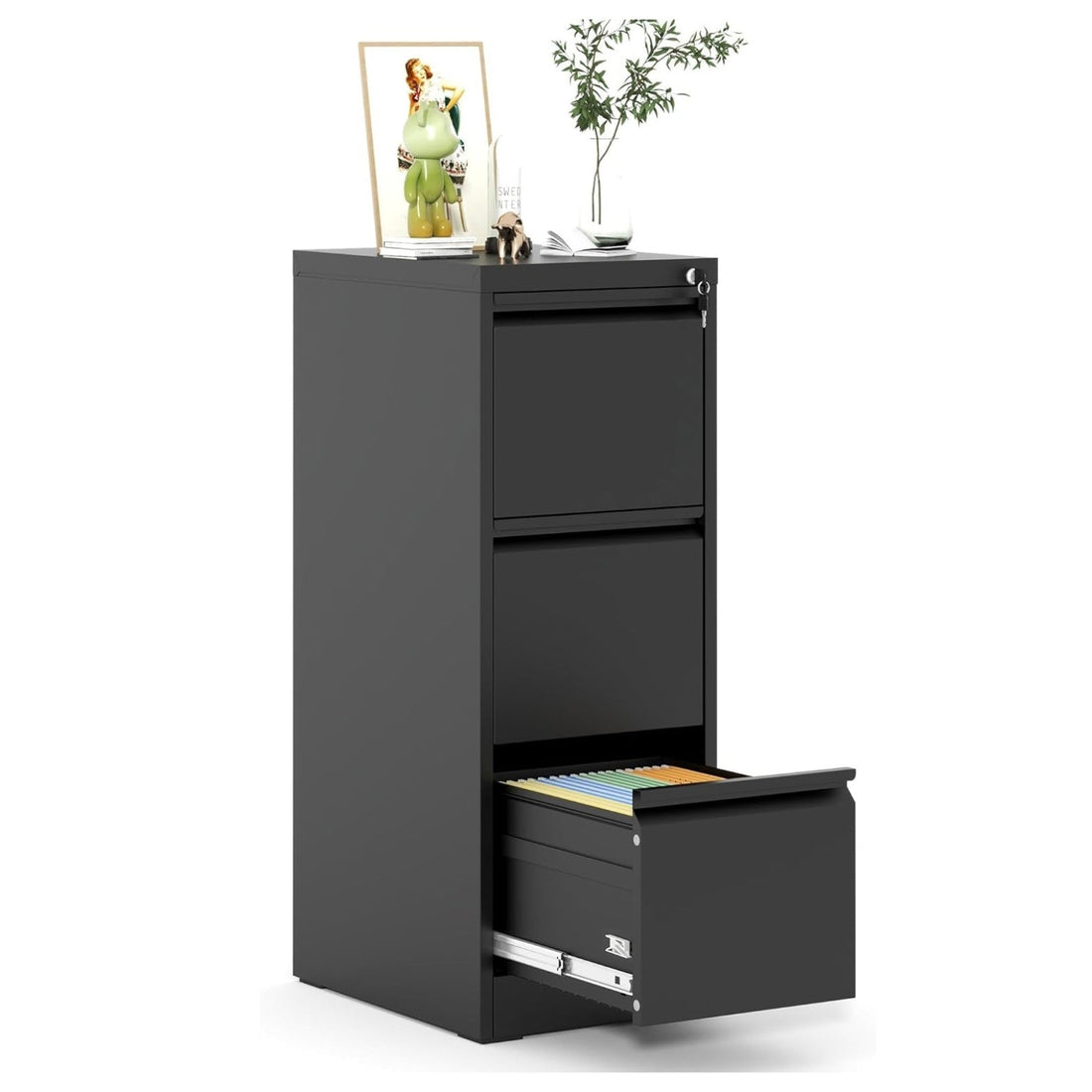 Garvee 3-Drawer File Cabinet with Lock, Heavy Duty Vertical Filing Cabinets for Home Office, Secure Locking Metal Steel Storage Cabinet for Letter/Legal Size File, Assembly Required, Black