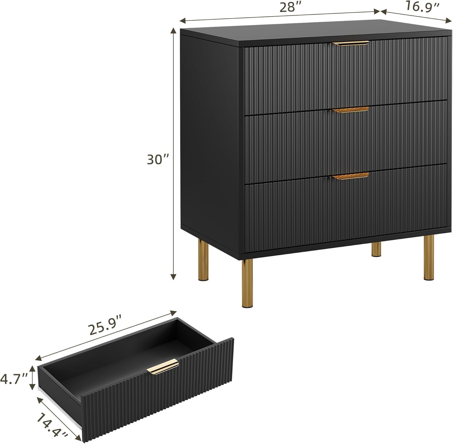 Garvee 3 Drawer Dresser for Bedroom, Modern Wooden Storage Chest with Gold Metal Handles, Anti-Tipping Design, Large Nightstand Organizer for Entryway, Hallway, Living Room, Black
