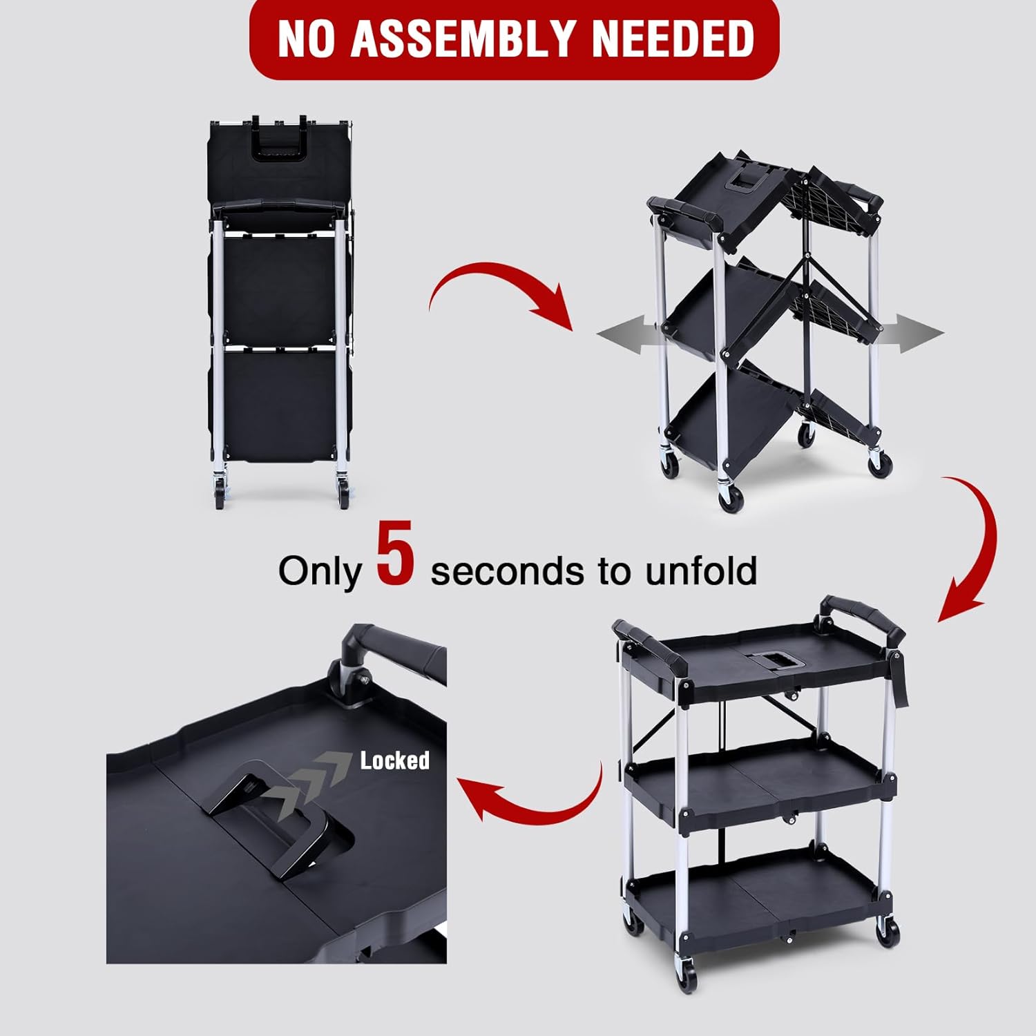 Folding Utility Cart with Wheels - Foldable 3-Tier Rolling Cart with Lockable Wheels, Portable Tool Cart for Office, Warehouse, Home, Garage, Kitchen