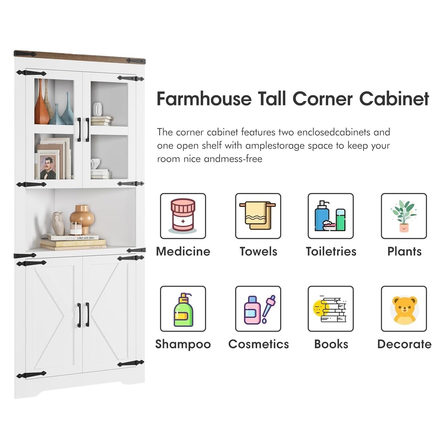 Garvee Farmhouse Corner Cabinet, Tall Corner Storage Cabinet with Barn Door & Adjustable Shelves, Bathroom Cabinet with Storage for Living Room, Kitchen, Bathroom, White