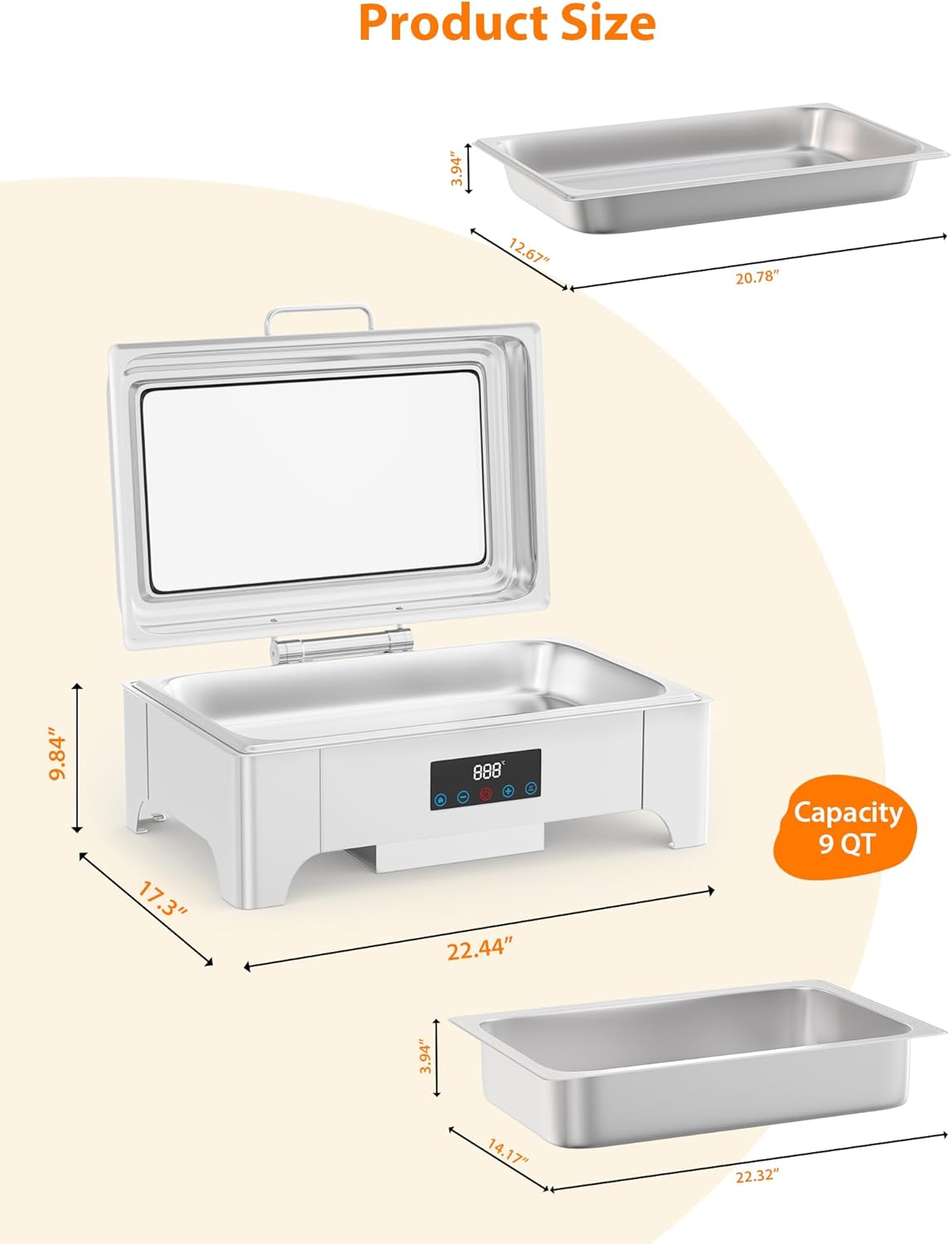 Garvee Electric Chafing Dish 9QT Full Size Touch Screen Buffet Warmer with Glass Lid Silver for Catering Parties Weddings