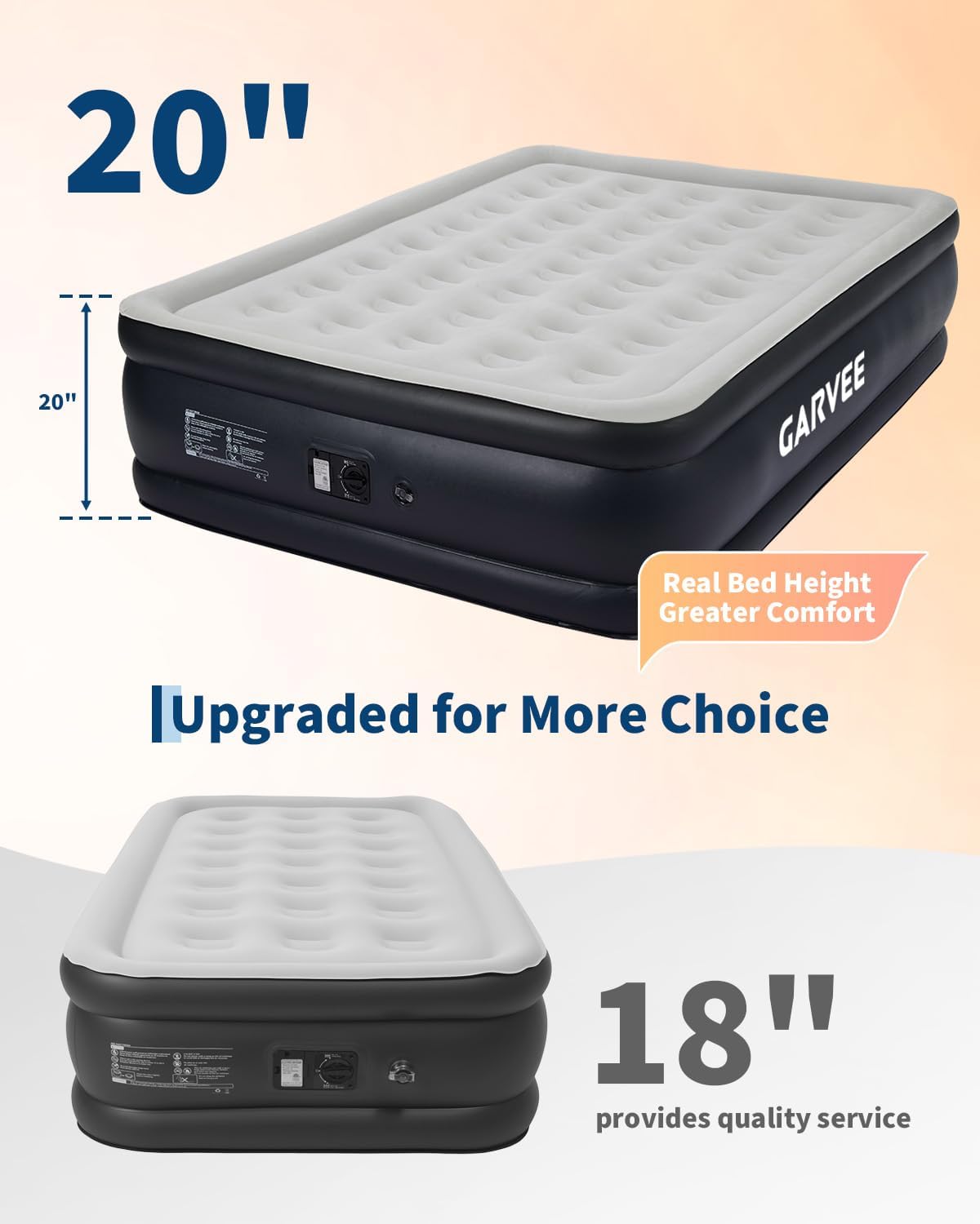 Garvee 20" Raised Air Mattress with Built-in Electric Pump, Self-Inflating in 3–4 Minutes, Flocked Top & Honeycomb Support, Portable Inflatable Guest Bed for Home/Travel, 800 lb, Queen, PVC Navy Blue + Gray