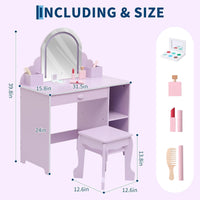 Garvee Kids Vanity with Lighted Mirror & Stool, 2 In 1 Little Girls Vanity and Wooden Makeup Playset with Adjustable LED Light, Storage Drawer & Shelves for Girls 3-9, Purple