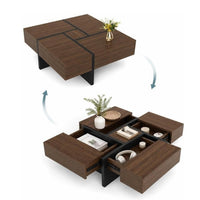 Garvee Mid-Century Modern Expandable Coffee Table with Sliding Top - Square Center Table w/ 4 Hidden Storage Compartments, Wood for Living Room, Apartment & Small Spaces - Vintage Color