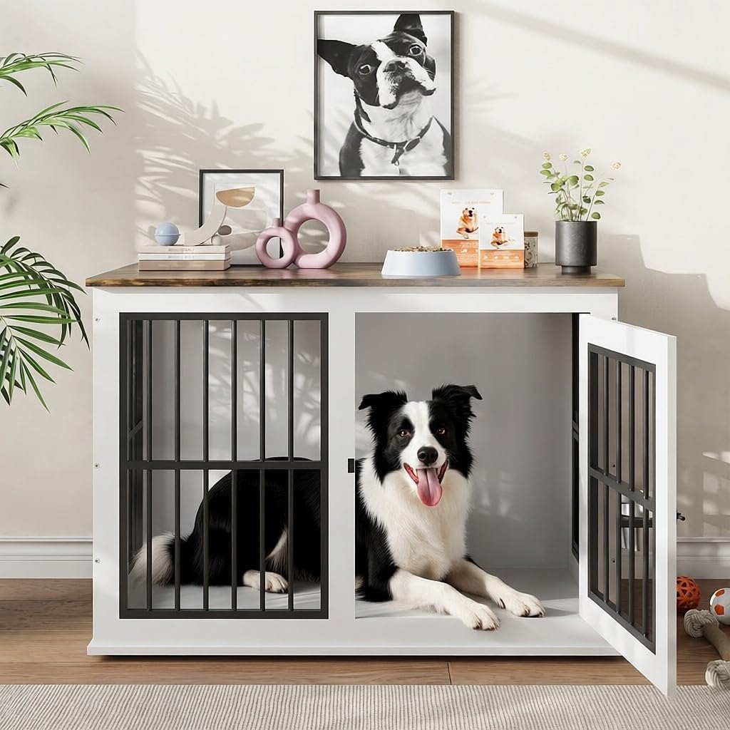 Garvee Heavy Duty Dog Crate Furniture with Lift Top, 39.7" Large Wood Dog Cage, Durable Construction, Easy Installation, Indoor Furniture Style Dog Kennel for Large /Medium Dogs, White