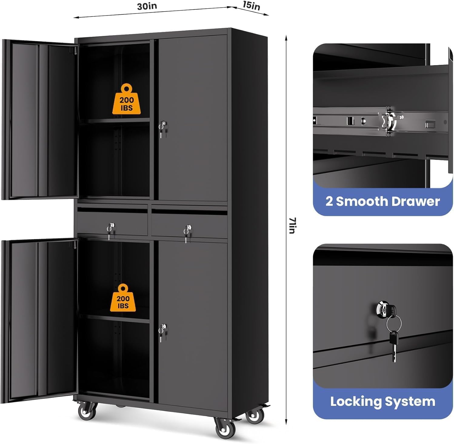 Garvee Heavy Duty 73" Metal File Cabinet with Lockable Wheels, Locking Doors, 2 Drawers, and Adjustable Shelves, Durable Mobile Storage Locker for Office Garage & Workshop, Black