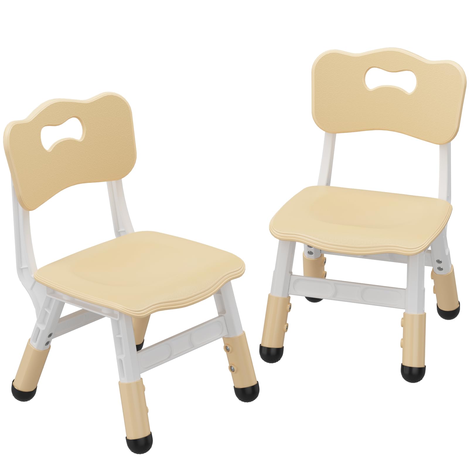 Two beige adjustable kids chairs with ergonomic design and non-slip feet