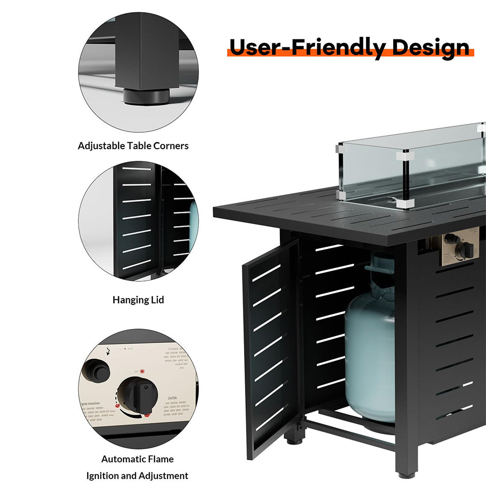 Garvee 44 Inch Gas Firetable, 48000 Btu Outdoor Propane Fire Pit with Lid, Glass Wind Guard, Waterproof Cover, 2 in 1 Firepit Table On Patio Deck Garden Backyard