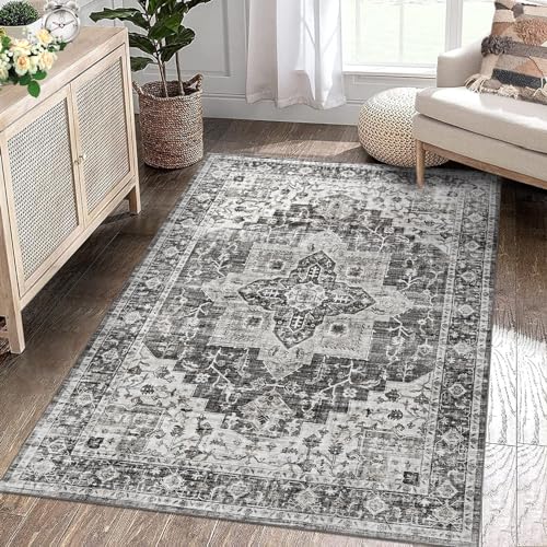 8x10 Area Rug Machine Washable Rug Traditional Distressed Rug Indoor Floor Cover Vintage Medallion Carpet Rug Stain Resistant Non-Slip Accent Rug for Living Room Bedroom