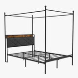 Garvee Queen Canopy Bed Frame with Charging Station, Metal Platform, Upholstered Linen Headboard, 4" Storage Shelf, 11" Underbed Space, Steel Slats, Noise-Free, No Box Spring Needed, Bedroom