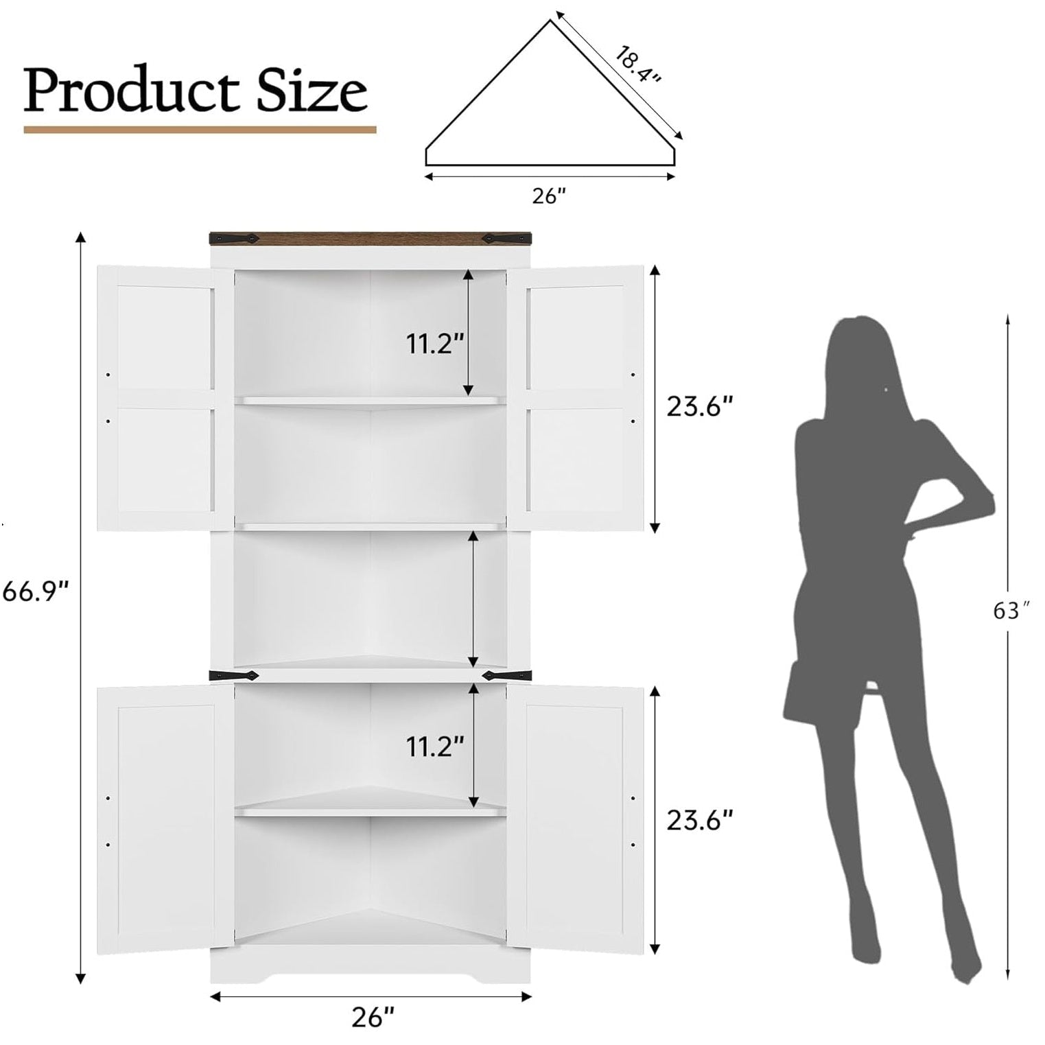 Garvee Farmhouse Corner Cabinet, Tall Corner Storage Cabinet with Barn Door & Adjustable Shelves, Bathroom Cabinet with Storage for Living Room, Kitchen, Bathroom, White