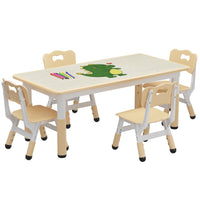 Beige kids table and chair set with dinosaur print, 4 chairs included