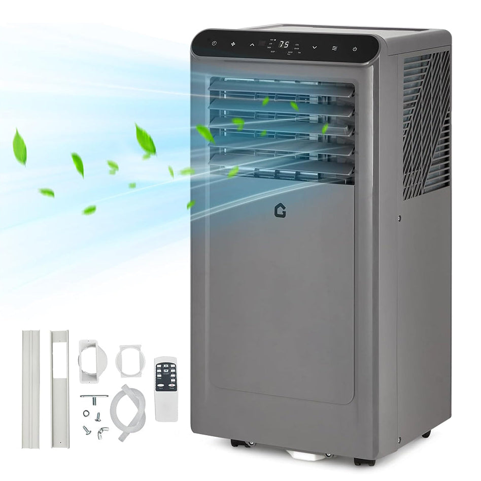 Portable air conditioner with remote control and accessories on a white background