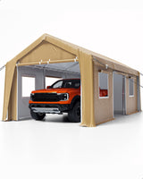 Garvee 13'x20' Heavy Duty Portable Garage, 1.0 mm Steel Poles & 180 g PE Waterproof Canopy, Front & Rear Doors, 2 Side Doors, 4 Windows, Khaki - Khaki