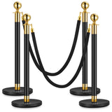 Garvee 4PCS Stanchion Posts Queue with Black Velvet Rope, Crowd Control Barriers for Events, 5 FT Black Velvet Ropes, Gold & Black