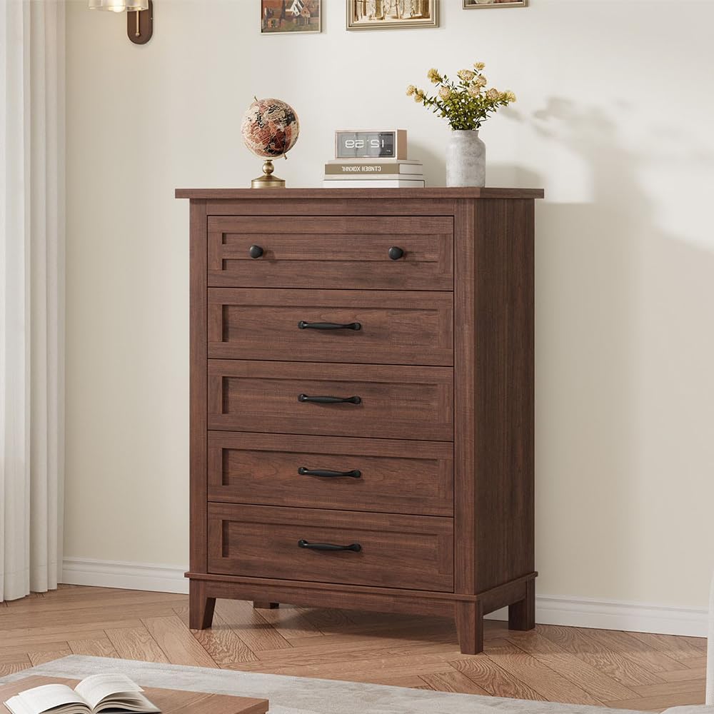 Garvee 5 Dresser for Bedroom, 41.3" Tall Dresser, Vertical Drawer Dresser with Storage Freestanding, Wooden Closet Dresser Storage Dresser Chest for Living Room, Bedroom, Entryway, Brown